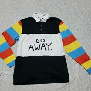 Salem7 Go Away Black, White & Multicolor Long Sleeve Polo Shirt MEDIUM Unisex